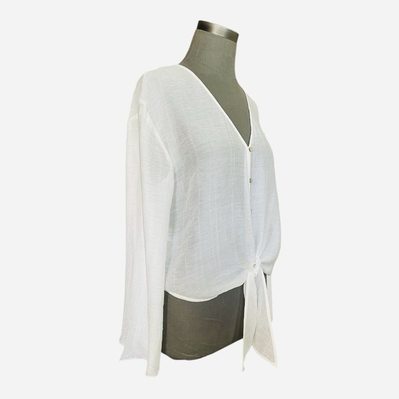 MNG Mango Women's White Sheer Long Sleeve Knot Front Blouse Top Size 4 - Picture 2 of 5